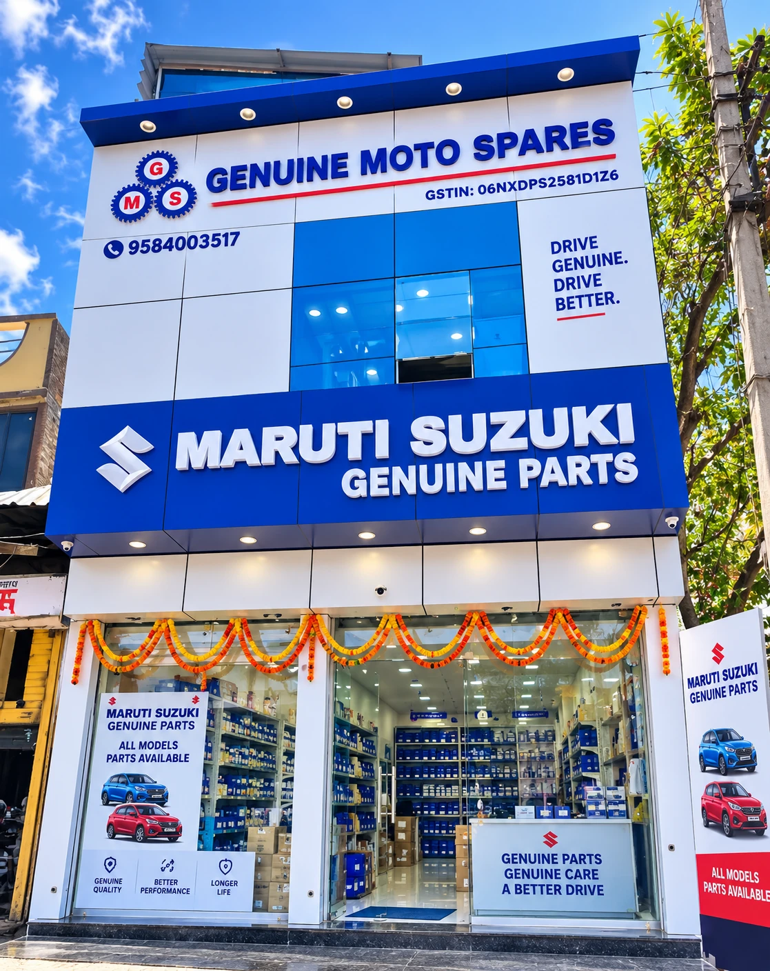 Genuine Moto Spares storefront in Gurugram with Maruti Suzuki Genuine Parts signage